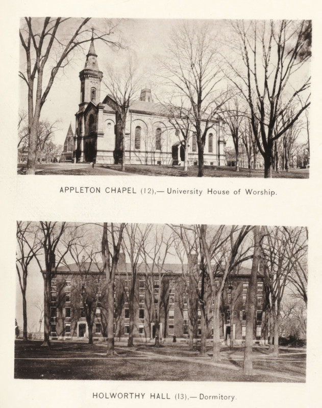 Holworthy Hall, Appleton Chapel, page, photomechanical print, number: '(12) (13)', Cambridge (MA), c. 1881 - in or before 1886, North America, Massachusetts, paper, collotype, photoprint, height 168 mm x width 126 mm, Prints opposite page 30., facade (of house or building), church (exterior) - QQ - small church, chapel, university building, college, Harvard College, A sepia-toned image showing two separate rectangular photographic views stacked vertically, each framed by a light border and separated by blank space; the upper view depicts a stone chapel with a tall steeple and arched windows, set on a lawn with several leafless trees in front and a path leading toward the entrance, while the lower view shows a multi-story brick dormitory partially obscured by many tall bare trees standing on a grassy area.