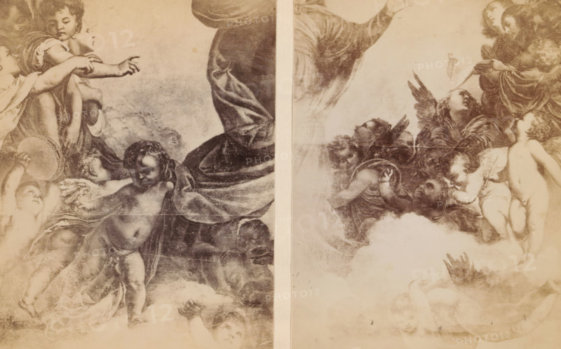 Two photo reproductions of a painting depicting the Ascension of Mary, photograph, reproduction, page, Basilica di Santa Maria Gloriosa dei Frari, after painting by Titian, c. 1882 - in or before 1887, photographer, Venice, paper, albumen print, height 151 mm x width 206 mm, Photos opposite page 110., the assumption of Mary ('assumptio corporis'): she is borne into heaven by angels, A sepia-toned reproduction of a classical painting divided into two vertical panels showing groups of cherubic children and robed figures among clouds; the left panel features several children with curly hair and draped cloth, one child holding a round object near the edge, a large flowing robe occupying the center and extending downward, and a partially visible face peeking from the lower corner; the right panel shows more cherubic figures and winged children looking upward toward robed figures, one child standing with a turned head, and soft cloud forms filling the lower area.