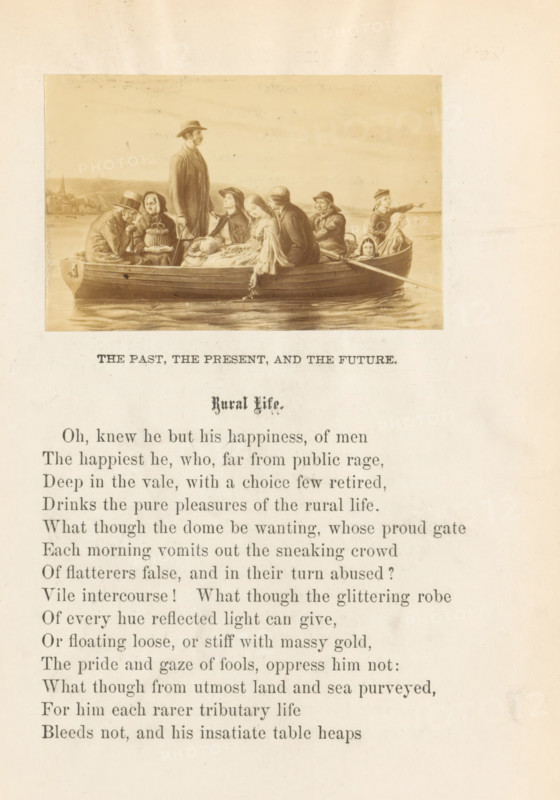 Rural life, photograph, reproduction, page, after painting by anonymous, c. 1860 - in or before 1865, photographer, paper, albumen print, height 56 mm x width 88 mm, Photo on page 83., rowing-boat, canoe, A sepia-toned illustration shows a small wooden rowboat on calm water filled with people wearing period clothing; a standing man in a hat looks forward while seated figures around him wear bonnets, shawls, and coats, one woman leans over the boat's side with her hand near the water, another person holds an infant wrapped in cloth, a child at the stern points outward, and an oarsman sits with a long oar extending over the water; in the distant background a shoreline with low buildings and a steeple is visible beneath a pale sky.