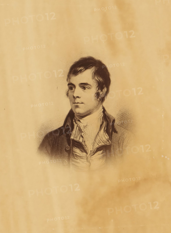 Photo reproduction of a painting, depicting a portrait of Robert Burns, photograph, reproduction, page, photographer: Alexander Gardner, Washington (state), after painting by Alexander Nasmyth, c. 1863 - in or before 1868, North America, paper, albumen print, height 172 mm x width 124 mm, Photo on frontispiece., Person, Robert Burns, portrait of a writer, A sepia-toned portrait of a man shown from the chest up centered on a faded rectangular background, with short dark hair combed forward and sideburns, a calm facial expression and eyes looking slightly to one side, wearing a high-collared shirt with a cravat and a dark coat with visible lapels, the portrait rendered in fine engraved or sketched lines with shading around the figure and soft mottled discoloration across the surrounding paper.