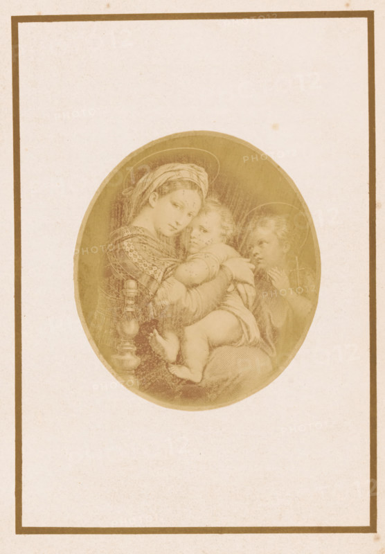 Photo reproduction of a print after a painting, depicting the Madonna with the chair, photograph, reproduction, page, photographer: E. Hufnagel, after print by Pierre Pelée, after painting by Rafaël, c. 1855 - in or before 1860, Pierre Pelée, after print by, paper, albumen print, height 115 mm x width 100 mm, chair, 'ablactatio', Christ not drinking, Mary's breast bare, Madonna-representations, An oval sepia-toned illustration centered on a pale rectangular page with a simple dark border shows a seated woman wearing a headscarf and patterned garment holding a baby against her chest while a second child stands beside them with hands raised; the woman gazes toward the viewer, the baby rests with a relaxed face and visible limbs, and the standing child looks toward the baby; faint halos encircle the heads and decorative shading fills the oval.