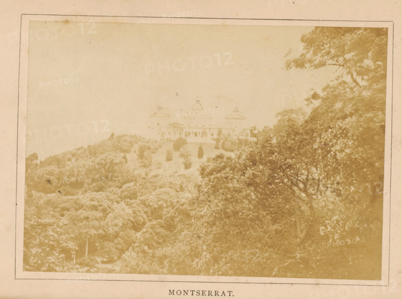 View of the Palácio de Monserrate near Sintra, Montserrat, photograph, page, Portugal, c. 1881 - in or before 1891, photographer, paper, albumen print, height 97 mm x width 139 mm, Photo opposite title page., (high) hill, palace, Palácio de Monserrate, A faded sepia photograph shows a hilltop building with three domed towers partially obscured by surrounding trees and vegetation; the foreground is filled with dense treetops and shrubbery, and a large tree canopy frames the right side of the image while a light sky fills the upper background.