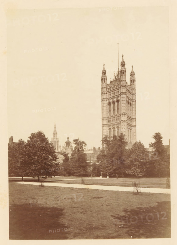 View of Victoria Tower, photograph, page, photographer: John Harrington, London, c. 1864 - in or before 1869, paper, albumen print, height 177 mm x width 124 mm, tower (of house or building), Victoria Tower, A tall ornate stone tower with narrow arched windows and decorative pinnacles rises behind a line of leafy trees, visible against a pale sky; smaller spires and rooflines of additional buildings appear left of the main tower, while a grassy foreground with a light-colored path stretches toward the viewer and includes a small wire protective cage around a young tree and a few indistinct figures near the tree line.