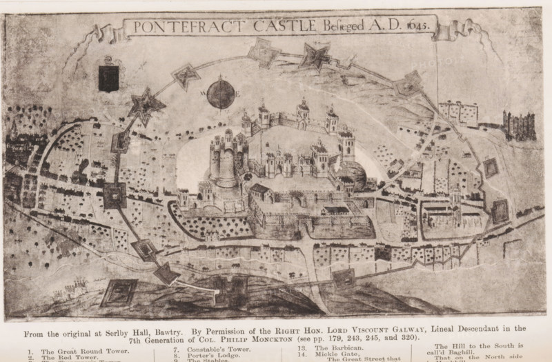 Reproduction of a map of Pontefract during the Siege of Pontefract, reproduction, page, photomechanical print, inscription: 'From the original at Serby Hall, Bawtry. By Permission of the Right Hon. Lord Viscount Galway, Lineal Descendant in the, 7th Generation of Col. PHILIP MONCKTON (see pp. 179, 243, 245, and 320)., ', cliché maker: Autotype Company, The (possibly), after print by anonymous, c. 1882 - in or before 1887, photographer, after print by, paper, collotype, photoprint, height 106 mm x width 186 mm, Print on sixth unnumbered page after page 412., siege, maps of cities, Siege of Pontefract, Pontefract, An aged monochrome bird’s-eye drawing shows a fortified castle with concentric walls and multiple towers, surrounded by a ring of angular bastions connected by a zigzag outer earthwork, with a surrounding town of houses, streets, orchards, and scattered trees. The central castle complex contains clustered towers and battlements, gateways, arched bridges, and inner courtyards, w...