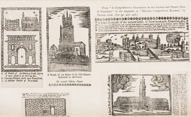 Reproduction of five drawings of buildings in Pontefract, reproduction, page, photomechanical print, inscription: 'From 'A Comprehensive Dissertation on the Ancient and Present State, of Ponterfact' in the Appendix to 'Historia Compendiosa Romana, ' by, Thomas Gent. (See pp. 417-418.)', cliché maker: Autotype Company, The (possibly), after drawing by anonymous, c. 1882 - in or before 1887, photographer, clichémaker, paper, collotype, light pressure, height 210 mm x width 120 mm, drawing, sketch, civic architecture, edifices, dwellings, Pontefract, A sepia-toned page showing several framed engraved illustrations, including a tall church tower with arched windows and surrounding lower roofed structures set above a textured ground, a small scene of a fortified town with clustered buildings and walls and a stylized sun with rays, a detailed archway with heavy stone blocks and decorative cornice, and partial views of other architectural sketches with brickwork and cloud motifs, all enclosed...