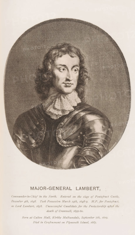 Reproduction of a print of a portrait of John Lambert by Jacob Houbraken, Major-General Lambert, reproduction, page, photomechanical print, inscription: 'Commander-in-Chief in the North. Entered on the siege of Pontefract Castle, December 4th, 1648. Took Possession March 24th, 1648-9. MP for Pontefract, as Lord Lambert, 1658. Unsuccessful Candidate for the Protectorship after the, death of Cromwell, 1659-60., Born at Calton Hall, Krikby Malhamdale, September 7th, 1619., Died in Confinement on Plymouth Island, 1683.', Pontefract, cliché maker: Autotype Company, The, after print by Jacob Houbraken, after painting by Walker, c. 1882 - in or before 1887, Jacob Houbraken, photographer, after print by, paper, collotype, photoprint, height 122 mm x width 105 mm, Person, John Lambert, historical persons, A sepia-toned engraved portrait of a man shown from the chest up within an oval frame, featuring wavy shoulder-length hair and arched eyebrows, a ruffled collar at his neck, and a reflective m...