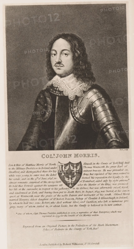 Reproduction of a print of a portrait of John Morris, reproduction, page, photomechanical print, inscription: 'Son & Heir, No 58, Cornhill.', Pontefract, cliché maker: Autotype Company, The (possibly), after print by anonymous, c. 1882 - in or before 1887, photographer, clichémaker, after print by, paper, collotype, photoprint, height 112 mm x width 93 mm, Person, John Morris (1617-1649), historical persons, A sepia-toned engraved portrait of a man shown from the waist up wearing period armor and a lace collar, with shoulder-length wavy hair, a thin mustache, and a neutral expression, set against a textured dark background, with a decorative shield emblem and dense printed text visible below the portrait.