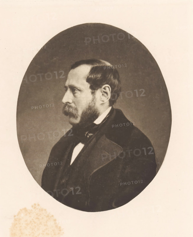 Portrait of Jean Stas, page, photomechanical print, Negative made in 1851., cliché maker: Jean Malvaux (possibly), c. 1889 - in or before 1894, photographer, paper, photoaquatint, height 127 mm x width 105 mm, Print opposite title page., Person, Jean Stas, historical persons, A sepia-toned oval portrait of a man in profile facing left set against a pale background, showing his short dark hair, prominent mustache and sideburns, a formal dark coat with wide lapels, a white shirt collar peeking out, and a dark cravat or bow at his neck, with a faint irregular stain visible on the pale area below the oval.