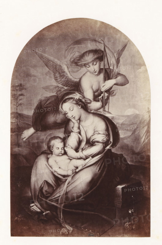 Photo reproduction of The Sleeping Christ Child by Antoine Wiertz, photograph, reproduction, page, check stamp: 'SOCIÉTÉ ROYALE BELGE DE PHOTOGRAPHIE, 69, RUE KEYENVELD, BRUXELLES', photographer: Edmond Fierlants, after painting by Antoine Joseph Wiertz, c. 1863 - in or before 1868, paper, albumen print, albumendruk, height 177 mm x width 114 mm, Christ-child sleeping, Madonna-representations, A sepia-toned arched image shows a seated woman with downcast eyes and a serene expression holding a sleeping infant in her lap, the woman wearing flowing drapery and a headscarf, her hand supporting the child's head while the child's body is partially wrapped in cloth and a faint halo surrounds the infant's head; behind them an angel with wings leans forward, gazing downward and holding a slender staff, the angel's hair and translucent drapery billow around the shoulders; a distant landscape with rolling hills and a pale round sun or moon appears in the background, and at the lower right a small...