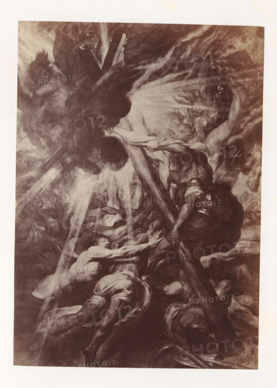 Photo reproduction of The Beacon of Golgotha by Antoine Wiertz, photograph, reproduction, page, check stamp: 'SOCIÉTÉ ROYALE BELGE DE PHOTOGRAPHIE, 69, RUE KEYENVELD, BRUXELLES', photographer: Edmond Fierlants, after painting by Antoine Joseph Wiertz, c. 1863 - in or before 1868, paper, albumen print, albumendruk, height 162 mm x width 116 mm, the crucifixion of Christ: Christ's death on the cross, Golgotha (Matthew 27:45-58, Mark 15:33-45, Luke 23:44-52, John 19:25-38), lighthouse, lightship, A vertical sepia-toned scene shows multiple naked and partially clothed human figures in dramatic, contorted poses amid swirling clouds and beams of light, with some figures reaching upward toward a large wooden cross-like structure and others gripping or pulling at it; muscular limbs, flowing drapery, and strained faces are visible, along with darker shadowed masses and lighter streaks that create a sense of movement across the composition.