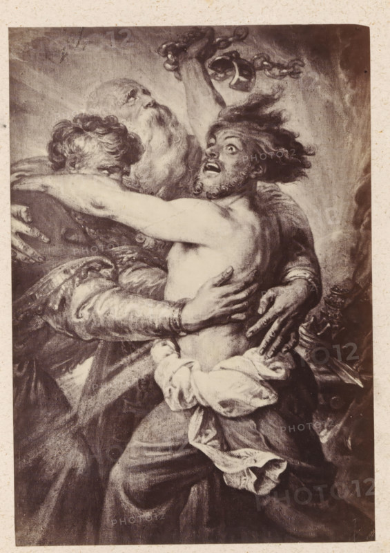 Photo reproduction of The Dispositions According to Christ by Antoine Wiertz, photograph, reproduction, page, check stamp: 'SOCIÉTÉ ROYALE BELGE DE PHOTOGRAPHIE, 69, RUE KEYENVELD, BRUXELLES', photographer: Edmond Fierlants, after painting by Antoine Joseph Wiertz, c. 1863 - in or before 1868, paper, albumen print, albumendruk, height 167 mm x width 116 mm, Christ, A monochrome image of two men embracing, one older with a long beard and flowing hair and the other younger and shirtless with wild hair and an open mouth, their arms wrapped around each other and hands pressing against backs and shoulders, the older man's arm visible with draped fabric and textured sleeves while the younger man's torso and a loosely wrapped cloth around his waist are prominent, a fragment of a chain and broken shackle hovering above them, and soft shaded background with swirling tones.
