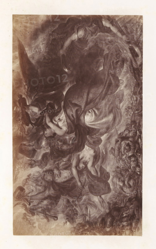Photo reproduction of The Last Cannon by Antoine Wiertz, photograph, reproduction, page, check stamp: 'SOCIÉTÉ ROYALE BELGE DE PHOTOGRAPHIE, 69, RUE KEYENVELD, BRUXELLES', photographer: Edmond Fierlants, after painting by Antoine Joseph Wiertz, c. 1863 - in or before 1868, paper, albumen print, albumendruk, height 104 mm x width 175 mm, battle, A sepia-toned image of a large, detailed painting depicting a group of figures intertwined in flowing drapery and dynamic poses, with several reclining and ascending bodies, exposed limbs, and expressive faces; swirling clouds and billowing fabric surround the figures, creating a sense of motion; some figures hold branches or staffs while others reach outward or clutch at garments; a cluster of smaller faces and forms appears near one edge, and darker shadowed areas contrast with lighter highlights on skin and fabric; the composition fills a rectangular frame with a plain border around it.