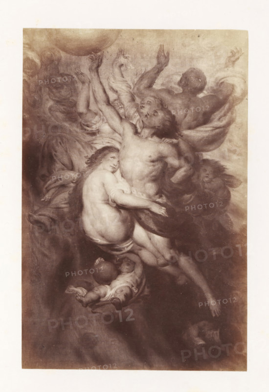 Photo reproduction of Human power knows no bounds by Antoine Wiertz, photograph, reproduction, page, check stamp: 'SOCIÉTÉ ROYALE BELGE DE PHOTOGRAPHIE, 69, RUE KEYENVELD, BRUXELLES', photographer: Edmond Fierlants, after painting by Antoine Joseph Wiertz, c. 1863 - in or before 1868, paper, albumen print, albumendruk, height 169 mm x width 111 mm, human beings with superhuman powers or achievements, A sepia-toned painting reproduction shows multiple partially draped and nude figures arranged in a diagonal, ascending composition against a cloudy background; a central male figure with an upturned face and outstretched arm is surrounded by other reclining and reaching figures, including a prominent female figure with long hair looking outward and embracing the central form, and a reclining child figure near the lower edge; flowing drapery and billowing clouds wrap around the bodies, and several hands and faces emerge from the surrounding shadows and vapory textures.