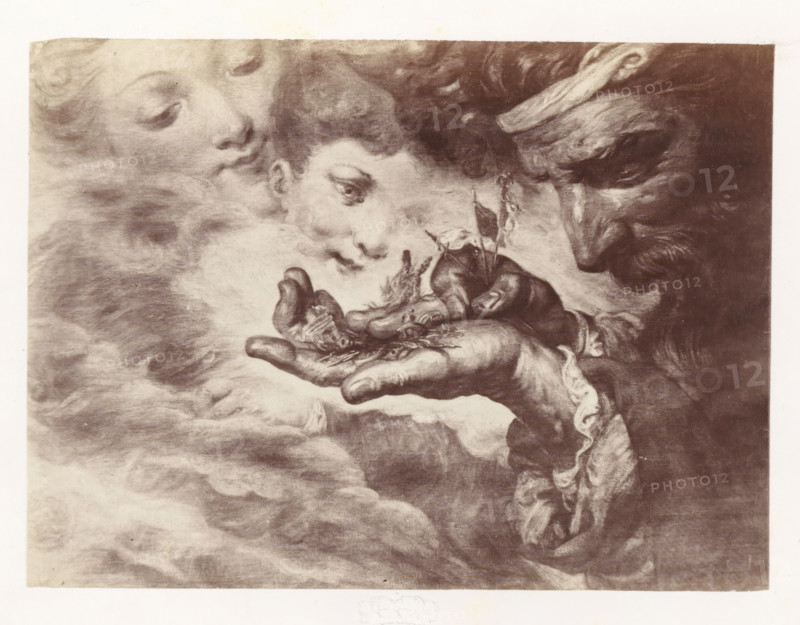 Photo reproduction of The things of the present versus the people of the future by Antoine Wiertz, photograph, reproduction, page, check stamp: 'SOCIÉTÉ ROYALE BELGE DE PHOTOGRAPHIE, 69, RUE KEYENVELD, BRUXELLES', photographer: Edmond Fierlants, after painting by Antoine Joseph Wiertz, c. 1863 - in or before 1868, paper, albumen print, albumendruk, height 115 mm x width 156 mm, future, present, A sepia-toned illustration showing a close-up of two faces emerging from cloud-like textures on the left, both with soft features and closed or partially closed eyes, and a third older face on the right with a long nose and curly hair looking toward a hand in the center; the hand is palm-up, detailed with visible knuckles and fingernails, holding small organic objects and a tiny boat with a flag, while flowing fabric with ruffled edges curls around the wrist and the surrounding area is filled with swirling cloud patterns.