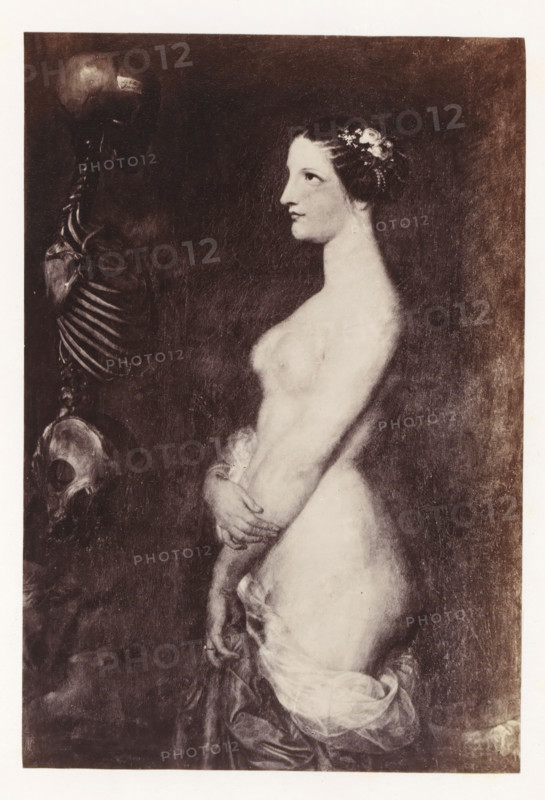 Photo reproduction of The beautiful Rosine by Antoine Wiertz, photograph, reproduction, page, check stamp: 'SOCIÉTÉ ROYALE BELGE DE PHOTOGRAPHIE, 69, RUE KEYENVELD, BRUXELLES', photographer: Edmond Fierlants, after painting by Antoine Joseph Wiertz, c. 1863 - in or before 1868, paper, albumen print, albumendruk, height 167 mm x width 113 mm, woman (showing herself) undressed, quasi-nude, (human) skeleton, A sepia-toned image showing a partially nude woman in profile facing left, with her hair styled and adorned with small flowers, her arms crossed at her waist holding a light fabric that drapes over her lower body, and a faintly rendered skeletal figure to her left with a visible skull and ribcage.