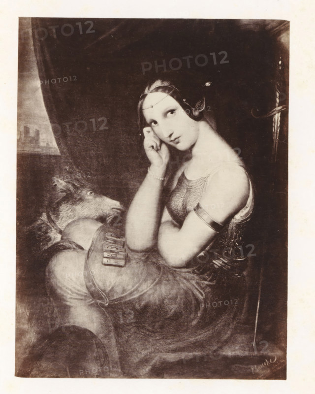 Photo reproduction of Esmeralda by Antoine Wiertz, photograph, reproduction, page, check stamp: 'SOCIÉTÉ ROYALE BELGE DE PHOTOGRAPHIE, 69, RUE KEYENVELD, BRUXELLES', photographer: Edmond Fierlants, after painting by Antoine Joseph Wiertz, c. 1863 - in or before 1868, paper, albumen print, albumendruk, height 152 mm x width 115 mm, historical persons not known by name - BB - woman, A sepia-toned portrait of a seated young woman shown from the waist up, looking slightly to her left with a contemplative expression, her head resting on one hand and her other arm crossed under her chest; she has dark hair styled with a thin headband and small decorative elements, a sleeveless textured bodice, a bracelet on one wrist, and an armband on her upper arm. A draped dark curtain fills the background behind her, and a reclining animal with a long snout and fur is positioned beside her, its head turned upward toward her; the animal appears to rest against rounded objects near the woman's lap. The ove...