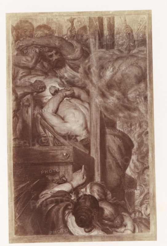 Photo reproduction of Thoughts and visions of a severed head. Left panel: First minute by Antoine Wiertz, photograph, reproduction, page, check stamp: 'SOCIÉTÉ ROYALE BELGE DE PHOTOGRAPHIE, 69, RUE KEYENVELD, BRUXELLES', photographer: Edmond Fierlants, after painting by Antoine Joseph Wiertz, c. 1863 - in or before 1868, paper, albumen print, height 169 mm x width 108 mm, headless body of a beheaded person, A sepia-toned vertical artwork showing a crowded scene with multiple human figures in close proximity, including a central muscular, partially nude figure leaning forward with hands near the face, another figure behind with an arm draped across another shoulder, and a group of people in the foreground with varied hairstyles and garments, some raising hands or pointing; to the right a vertical wooden beam divides the composition and swirling cloudlike forms and faint faces appear in the background, while draped fabrics, a wooden structure, and varied facial expressions are visible th...