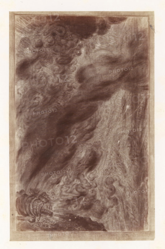 Photo reproduction of Thoughts and visions of a severed head. Right wing: Third minute. In eternity by Antoine Wiertz, photograph, reproduction, page, check stamp: 'SOCIÉTÉ ROYALE BELGE DE PHOTOGRAPHIE, 69, RUE KEYENVELD, BRUXELLES', photographer: Edmond Fierlants, after painting by Antoine Joseph Wiertz, c. 1863 - in or before 1868, paper, albumen print, albumendruk, height 170 mm x width 108 mm, dying, A tall vertical rectangular image with a thin border shows swirling, cloudlike formations in sepia tones, with darker sweeping shapes across the center and lighter, more textured areas toward the right; intricate curls and whorls appear near the top and bottom edges, and a faint starburst-shaped mark is visible on the right side of the composition.