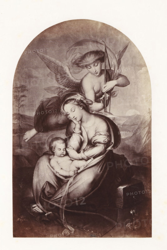 Photo reproduction of Happy Time by Antoine Wiertz, photograph, reproduction, page, check stamp: 'SOCIÉTÉ ROYALE BELGE DE PHOTOGRAPHIE, 69, RUE KEYENVELD, BRUXELLES', photographer: Edmond Fierlants, after painting by Antoine Joseph Wiertz, c. 1863 - in or before 1868, paper, albumen print, albumendruk, height 114 mm x width 154 mm, couple of lovers, parental agreement, marriage, A sepia-toned image framed with a rounded top showing a seated woman in flowing robes cradling a sleeping infant in her lap, the woman's head tilted and resting on one hand while her other arm supports the child; behind them a winged figure leans forward holding a long staff or pole, wings spread and hair and drapery blowing, and a halo-like circle around the infant's head; the scene includes a distant landscape with hills and trees visible through the arch, fabric folds and soft shading throughout, and a small stone or block near the woman's knee with a few flowers at its base.