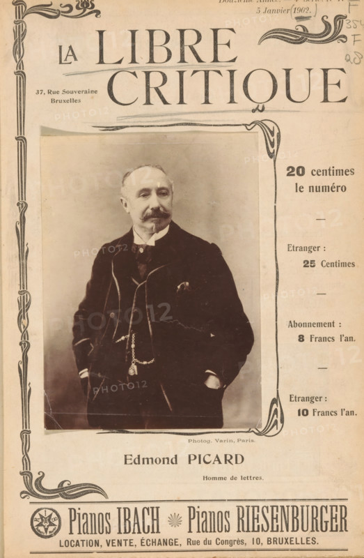 Portrait of Edmond Picard, Edmond Picard, page, photomechanical print, photographer: Varin, Paris, cliché maker: anonymous, c. 1897 - in or before 1902, paper, collotype, photoprint, height 137 mm x width 102 mm, Person, portrait of a writer, A sepia-toned printed page with ornate decorative borders and a large centered portrait of a middle-aged man wearing a dark three-piece suit, a pocket watch chain, and a handkerchief in his breast pocket, standing with hands in his pockets and a slight mustache and goatee, surrounded by printed decorative flourishes and columns of printed information, with additional decorative advertising and a decorative emblem along the bottom.