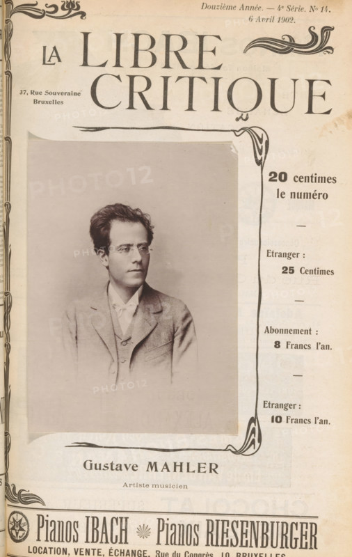Gustave Mahler, Portrait of Gustav Mahler, page, photomechanical print, inscription: 'Artiste musicien', c. 1897 - in or before 1902, paper, collotype, photoprint, height 134 mm x width 97 mm, Person, Gustav Mahler, portrait of composer, A sepia-toned page showing a framed portrait of a man wearing a suit jacket, waistcoat, collared shirt, and tie, with short wavy hair and round glasses, set against a plain background; decorative border elements and ornamental flourishes surround the portrait area, and columned printed layout and price blocks appear along the right margin.