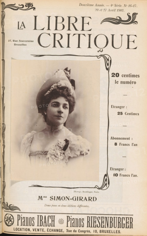Mme Simon-Girard, Portrait of Juliette Simon-Girard, page, photomechanical print, inscription: 'Deux poses en deux éditions différentes', photographer: Léopold Reutlinger, Paris, cliché maker: anonymous, c. 1897 - in or before 1902, paper, collotype, photoprint, height 135 mm x width 98 mm, Person, Juliette-Joséphine Simon-Girard, opera singer (female), A sepia-toned portrait of a woman wearing a decorative hat with floral accents and a high choker-style necklace, shown from the chest up with a soft, blurred background; she has curled hair peeking from under the hat and a dress adorned with ruffled fabric and flower-like embellishments on one shoulder; the portrait is framed within an ornate page layout featuring decorative corner flourishes and a vertical decorative border on the right side, with additional ornamental elements along the top and bottom edges.