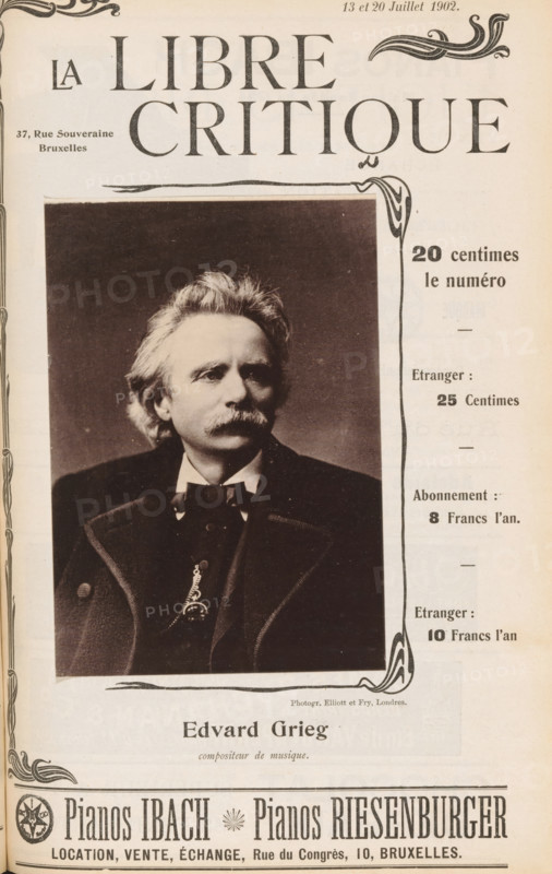 Portrait of Edvard Grieg, Edvard Grieg, page, photomechanical print, inscription: 'compositeur de musique', photographer: Elliott & Fry, London, cliché maker: anonymous, c. 1897 - in or before 1902, paper, collotype, photoprint, height 138 mm x width 97 mm, Person, portrait, self-portrait of painter, The image shows a vintage magazine cover with a large black and white portrait of an older man with light hair and a mustache wearing a dark suit, bow tie, and a chain visible on his vest; ornamental borders and decorative flourishes frame the portrait and the page; a large title is printed at the top in bold serif lettering; there are multiple columns of small printed text and price listings along the right side and an advertisement for pianos across the bottom with bold names and smaller descriptive text beneath.