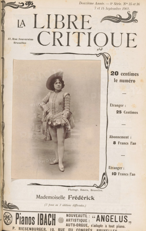 Portrait of Mademoiselle Frédérick, Mademoiselle Frédérick, page, photomechanical print, inscription: '(3 poses en 3 éditions différentes.)', photographer: Emèra, Brussels, cliché maker: anonymous, c. 1897 - in or before 1902, paper, collotype, photoprint, height 134 mm x width 97 mm, Person, portrait of actor, actress, A sepia-toned magazine cover with a large decorative title across the top, ornate corner flourishes, and a framed photographic portrait of a woman in theatrical costume occupying the left center; she stands facing slightly to the side wearing a wide-brimmed hat, a fitted jacket with decorative buttons and lace sleeves, a short flounced skirt with layered fabric, tights, and low-heeled shoes, one hand resting on her hip and the other hanging by her side, with a soft studio backdrop behind her; a narrow decorative vertical border runs down the right edge with printed price and subscription information alongside it; decorative border elements appear at the bottom and left ...