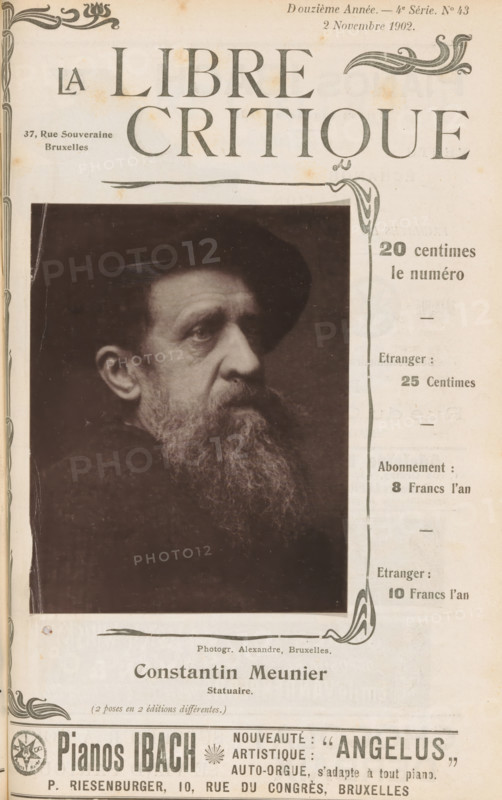 Constantin Meunier, Portrait of Constantin Meunier, page, photomechanical print, inscription: 'Statuaire', photographer: Alexandre, Brussels, cliché maker: anonymous, c. 1897 - in or before 1902, paper, collotype, photoprint, height 133 mm x width 103 mm, Person, Constantin Emile Meunier, portrait, self-portrait of sculptor, A sepia-toned magazine cover showing a framed portrait of an older man with a long beard and mustache wearing a dark hat and dark clothing, his face turned slightly to the side and visible from the shoulders up, surrounded by decorative border elements and ornamental flourishes, with additional printed content and a wide blank margin below the portrait.
