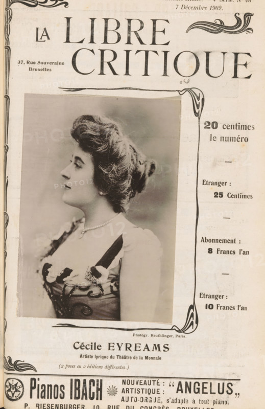 Portrait of Cécile Eyreams, Cécile Eyreams, page, photomechanical print, inscription: 'Artiste lyrique du Théâtre de la Monnaie (2 poses en 2 éditions différentes.)', photographer: Léopold Reutlinger, Paris, cliché maker: anonymous, c. 1897 - in or before 1902, paper, collotype, photoprint, height 138 mm x width 95 mm, Person, portrait of opera-singer, A sepia-toned magazine cover featuring a large portrait of a woman in profile wearing a decorative dress and a pearl necklace, her hair styled up with curls; ornate border elements frame the page and a bold masthead appears at the top in large serif lettering; decorative flourishes and a vertical ornamental rule run along the right side with columned text blocks; the lower portion shows additional printed text and a decorative horizontal rule above an advertisement area with bold type and ornamental motifs.