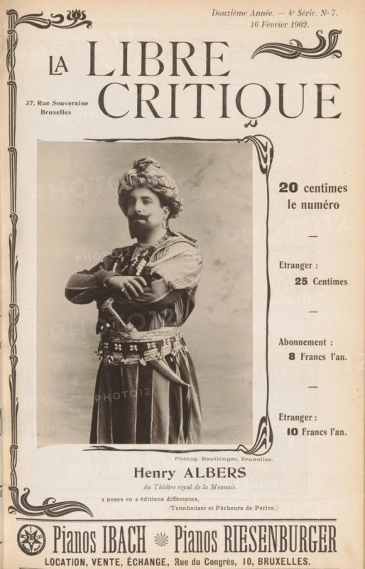 Portrait of Henri Albers, Henry Albers, page, photomechanical print, inscription: 'du Théâtre royal, de Perles.)', photographer:, Brussels, clichémaker: anonymous, c. 1897 - in or before 1902, photographer, cliché maker, paper, collotype, photoprint, height 138 mm x width 99 mm, Person, Henri Albers, head-gear: turban, portrait of actor, actress, hacking and thrusting weapons: dagger, A sepia-toned magazine cover featuring a framed photographic portrait of a man in theatrical costume occupying the central area. He stands with arms crossed, wearing a turban-style headpiece, a layered garment with decorative beads and fabric draping, an ornate belt with hanging embellishments, and a dagger at his side. The portrait is bordered by decorative flourish elements on the page edges and there is a large stylized masthead at the top with ornamental corner designs. The right side shows a vertical panel with simple dividing lines and a few short lines of printed information. The bottom area contai...