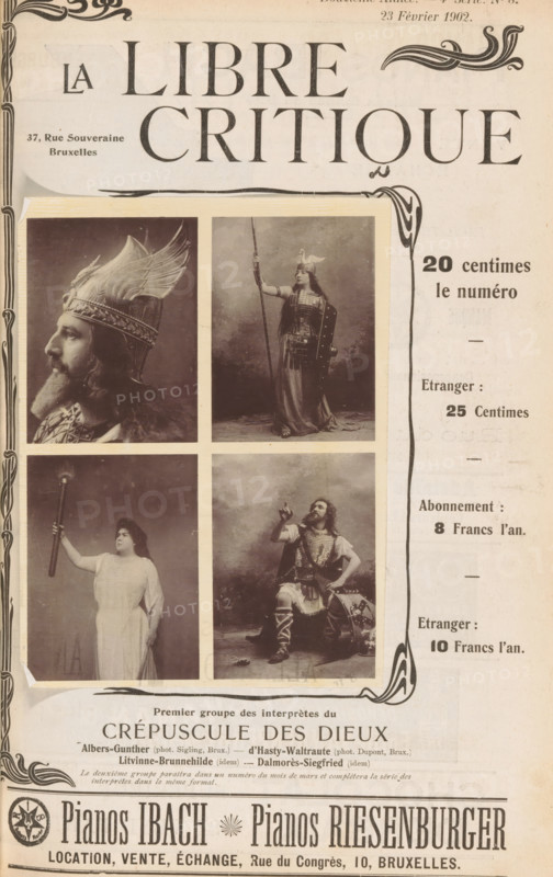 Four portraits of actors from a performance of Götterdämmerung, Premier groupe des interprètes du Crépuscule des dieux, page, photomechanical print, inscription: 'Le deuxième groupe, le même format.', photographer: Sigling, Brussels, photographer: Dupont, cliché maker: anonymous, c. 1897 - in or before 1902, paper, collotype, photoprint, height 145 mm x width 107 mm, Person, Henri Albers, Charles Dalmorès, Félia Litvinne, Jane d' Hasty, opera singer (female), opera singer (male), A vertically oriented vintage magazine cover with ornate border elements and a large decorative title across the top, featuring a rectangular collage of four sepia-toned photographic portraits framed by a pale border in the center left. The top left portrait shows a bearded man in profile wearing an elaborate winged helmet and patterned clothing. The top right portrait depicts a standing woman in a long dress and armor holding a tall spear and a shield, with a small bird perched on her headpiece. The bottom le...