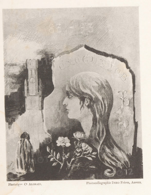 Reproduction of a design for a montage of a person in a cloak, flowers, a tower and a portrait of an unknown woman, reproduction, page, photomechanical print, photographer: Alfred Algrain, cliché maker: Dero, Frères, Antwerp, after design by anonymous, c. 1888 - in or before 1893, paper, collotype, photogravure, height 152 mm x width 121 mm, standing figure, historical persons not known by name - BB - woman, tower, clock tower, monumental adornment, A grayscale illustration showing the profile of a young woman with long hair cascading down her back, her face turned left and framed by a rounded decorative stone slab with an arched top; floral stems with blossoms and leaves appear in front of her and near the bottom edge; to the left a cloaked figure stands facing a distant tower structure that rises against a textured sky; areas of the image show rough, uneven edges and worn, mottled shading throughout.