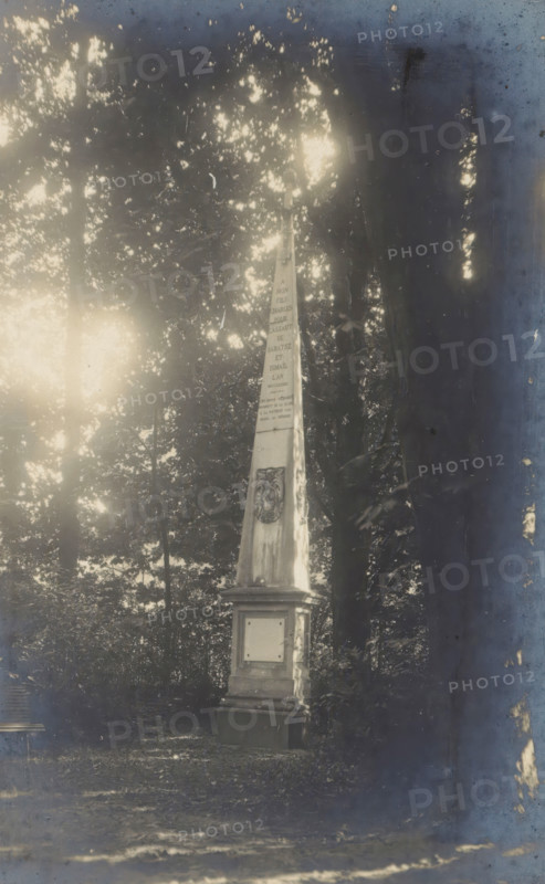 Obelisk of Prince Charles between trees, Obélisque du Prince Charles, photograph, page, photographer: Coppin-Goisse, c. 1904 - in or before 1909, paper, gelatin silver print, developing gelatin silver print, height 128 mm x width 84 mm, trees, obelisk, needle, Beloeil, A faded photograph mounted on a brown mat shows a tall stone obelisk standing on a stepped base surrounded by trees and foliage; sunlight filters through the leaves creating bright spots and reflections across the image, and the photo edges show signs of wear and aging.