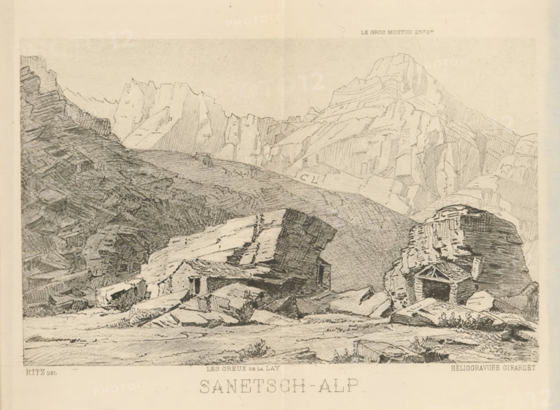 Sanetsch-Alp, Reproduction of a drawing of a view of Col du Sanetsch in the Alps, Switzerland, reproduction, page, photomechanical print, inscription: 'LE GROS MOUTIN 2573m, LES CREUX de la LAY', cliché maker: Girardet, after design by Ritz, c. 1877 - in or before 1882, photographer, paper, photoaquatint, height 116 mm x width 182 mm, mountain-range, snow peaks, Alps, Sanetsch, Col du, A monochrome pencil or ink landscape showing layered rocky mountains and steep cliffs across the scene, with eroded rock faces and jagged ridgelines. In the foreground are large fractured boulders and slabs arranged on a sloping ground, some with visible striations and textured shading. Midground rock formations rise into terraces and ledges, and a rounded rock with a small dark opening or recess is visible on the right. The background features high, sheer peaks with angular faces and fine crosshatching to indicate surface detail, and the sky above is lightly shaded.