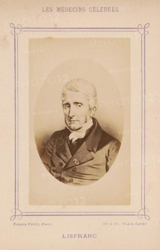 Lisfranc, Photo reproduction of a portrait of Jacques Lisfranc de St. Martin, photograph, reproduction, page, inscription: '(Publication de la Revue de literature médicale, du, D. Félix Bremond, 20, Passage Saulnier, Paris., No.', photographer: Pierre Petit, after design by anonymous, c. 1871 - c. 1879, paper, albumen print, height 89 mm x width 57 mm, Person, Jacques Lisfranc de St. Martin, historical persons, adult man, A faded sepia-toned portrait of an older man with light hair styled back, shown from the chest up inside an oval frame on a rectangular mount, wearing a dark double-breasted coat with a high collar and a light neckcloth, his expression neutral with slightly downturned lips and direct eyes, surrounded by a pale background and a thin decorative purple border on the mount.