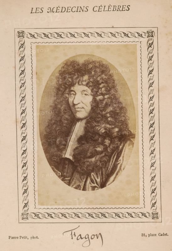 Photo reproduction of a portrait of Guy-Crescent Fagon, photograph, reproduction, page, inscription: '(Publication de la Revue de literary médicale, du, DF Bremond, 20, Passage Saulnier, Paris., No.', number: '66', annotation: 'Fagon', photographer: Pierre Petit, after design by anonymous, c. 1871 - c. 1879, paper, albumen print, height 81 mm x width 51 mm, Person, Guy-Crescent Fagon, historical persons, adult man, A sepia-toned portrait of a person with long, voluminous curly hair filling much of an oval frame, wearing a draped garment and a visible collar, set against a textured background and surrounded by a decorative border with twisted ribbon-like motifs and corner flourishes on aged paper.