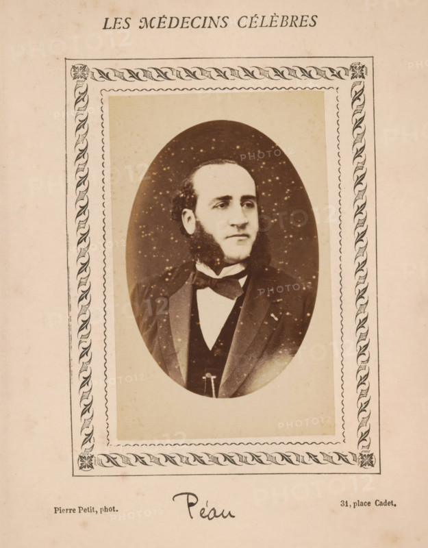 Portrait of Péau, photograph, page, number: '64', annotation: 'Péau', inscription: '(Publication de la Revue de literary médicale, du docteur Félix Bremond, 20, Passage Saulnier, Paris., 3e année - No.', photographer: Pierre Petit, c. 1871 - c. 1879, paper, albumen print, height 81 mm x width 54 mm, historical persons, adult man, A sepia-toned portrait of a man with sideburns and a mustache, shown from the chest up inside an oval frame, wearing a dark suit with a bow tie and a waistcoat, set on a light rectangular mat with decorative border patterns and an outer rectangular frame on aged paper.