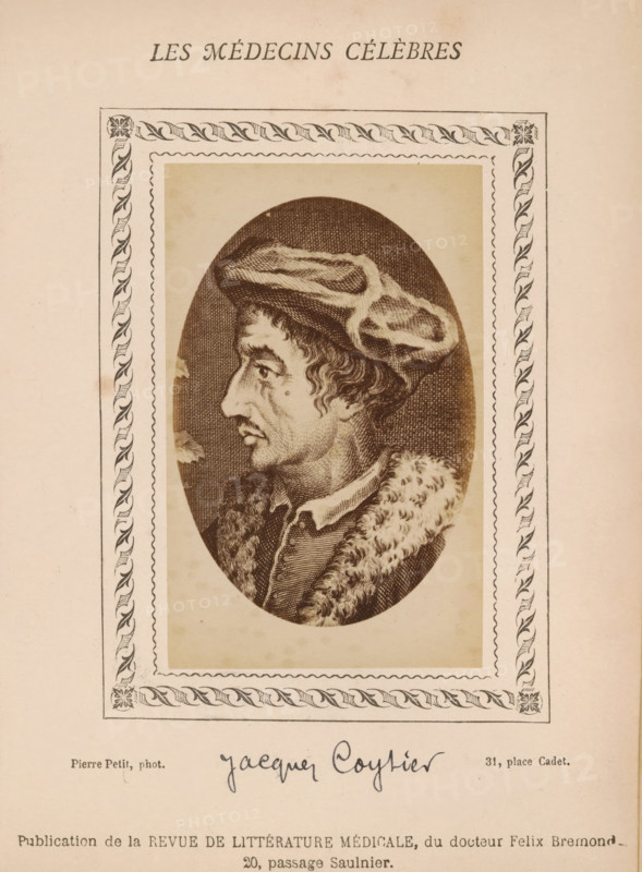 Photo reproduction of a portrait of Jacques Coitier, photograph, reproduction, page, annotation: 'Jacques Coytier', number: '66', inscription: 'Publication de la Revue de literary médicale, du docteur Felix Bremond, 20, Passage Saulnier, e année.) - No.', photographer: Pierre Petit, after design by anonymous, c. 1871 - c. 1879, paper, albumen print, height 82 mm x width 51 mm, Person, Jacques Coitier, historical persons, adult man, A sepia-toned printed portrait of a man in profile facing left, shown inside an oval frame with a decorative rectangular border surrounding it, the man wearing a soft cap with folds and a fur-trimmed coat, his hair curly at the nape and a pronounced nose and chin, the portrait rendered with fine crosshatch shading on aged paper.