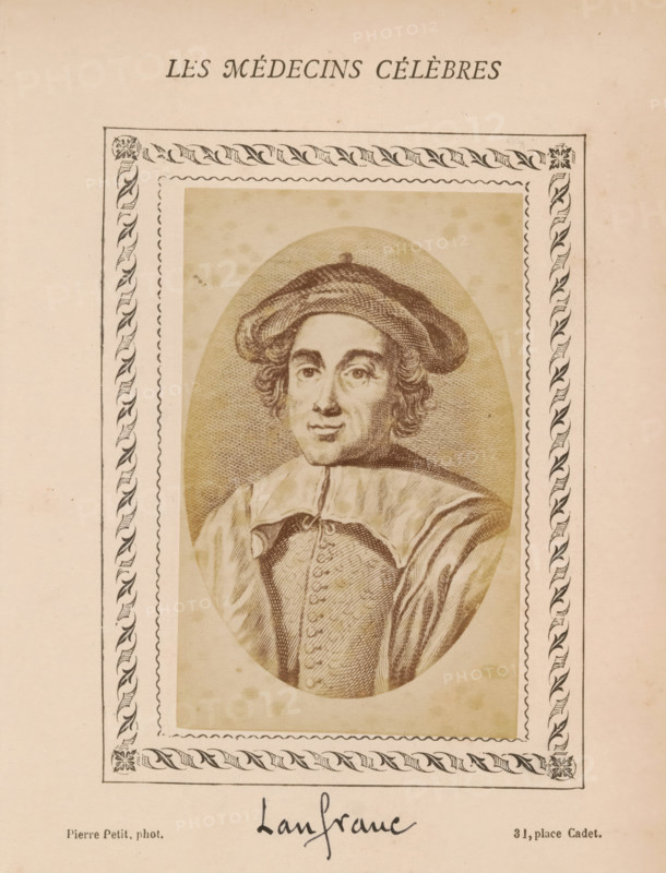 Photo reproduction of a portrait of an unknown man, photograph, reproduction, page, annotation: 'Laufranc', inscription: 'Publication de la Revue de literary médicale, du docteur Felix Bremond, 20, Passage Saulnier, e année.) - No.', photographer: Pierre Petit, after design by anonymous, c. 1871 - c. 1879, paper, albumen print, height 81 mm x width 51 mm, historical persons, adult man, A sepia-toned portrait of a person wearing a beret-style hat and a high-collared garment is centered within an oval frame; the portrait shows curly hair, arched eyebrows, a straight nose, a slight smile, and a detailed buttoned bodice beneath a draped outer garment. The oval portrait is set inside a rectangular decorative border with a braided leaf motif and scalloped inner edge, all on a lightly speckled pale background. The image shows part of a wider page with blank margins around the bordered portrait and faint discoloration spots across the paper.