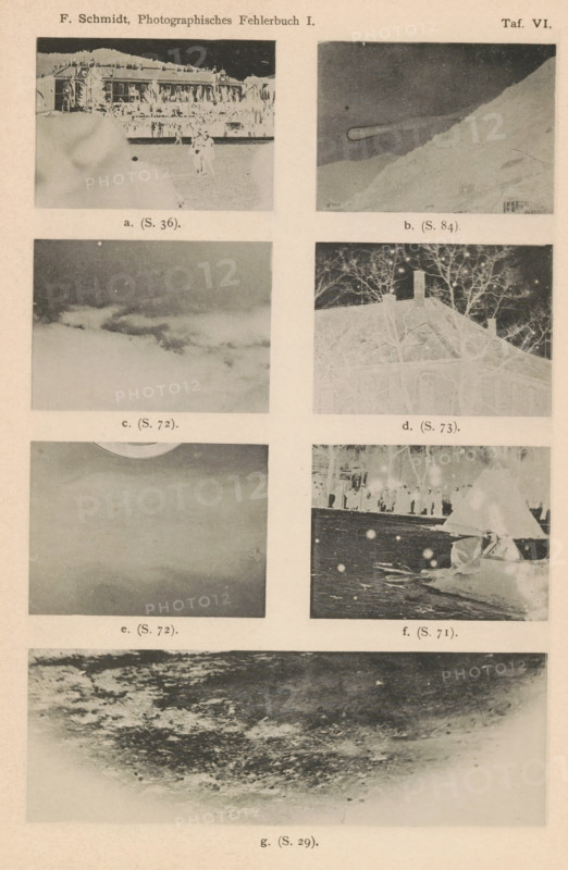 Seven examples of imperfections in negatives, page, photomechanical print, number: 'Taf. VI.', inscription: 'a. (S. 36). b. (S. 84)., c. (S. 72). d. (S. 73)., e. (S. 72). f. (S. 71)., g. (S 29).', c. 1890 - in or before 1895, paper, collotype, photogravure, height 215 mm x width 140 mm, Prints on loose sheets. Sheets in insert sleeve at the back of the book., negative, photography, A vertically oriented page shows a grid of photographic negatives arranged in columns and rows on a textured beige background, each negative framed by white space; the top row contains two rectangular negatives with the left showing a building facade and two small human figures standing on a flat area in front, and the right showing a sloped terrain with a streak-like object against a darker sky; the second row has a left negative depicting a cloud-filled sky and a right negative showing the upper portion of a house roof and chimney with bare trees and small circular light spots in the dark background; the t...