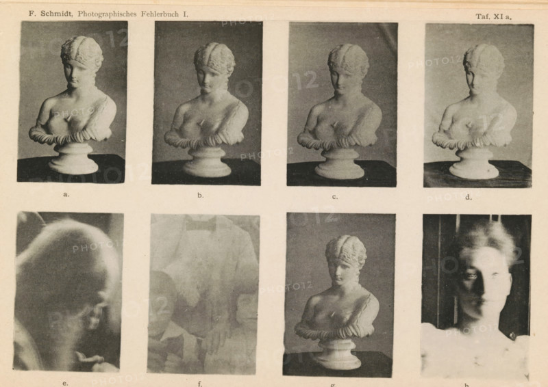 Eight examples of exposure studies and studies of various methods of development, page, photomechanical print, inscription: 'abcd, efgh', number: 'Taf. XI a.', c. 1890 - in or before 1895, paper, collotype, photogravure, height 140 mm x width 215 mm, Prints on loose sheets. Sheets in slipcase at the back of the book., piece of sculpture, reproduction of a piece of sculpture, adult woman, A page divided into a grid of portrait-format photographic panels showing repeated images of a classical bust and close-up human portraits, with four similar bust photos along the top row each framed against a dark background and placed on a pedestal, and four images below including a blurred side profile, a ghosted double-exposure figure, a frontal bust on a pedestal with a darker base, and a high-contrast portrait of a woman with light catching one side of her face; the page has a light paper tone and visible margins around each panel.