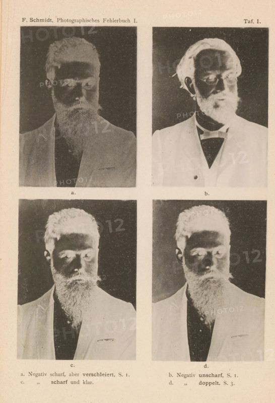 Three examples of an incorrectly exposed negative and an example of a correctly exposed negative, page, photomechanical print, number: 'Taf. I.', inscription: 'ab, cd, a. Negativ scharf, aber verschleiert, S. 1. b. Negativ unscharf, S. 1., c., scharf und klar. d., doppelt, S. 3.', c. 1890 - in or before 1895, paper, collotype, photoprint, height 215 mm x width 140 mm, Prints on loose sheets. Sheets in slipcase at the back of the book., adult man, negative, photography, A page showing four portrait photographs arranged in a two-by-two grid, each portrait depicting a bearded man in a suit jacket against a dark background; the top left image shows the man facing slightly left with a full beard and a dark jacket, the top right image shows the man facing slightly right wearing a light jacket with a visible bow tie and lighter facial hair contrast, the bottom left image shows the man looking down and left with a prominent beard and light jacket, and the bottom right image shows the man looki...