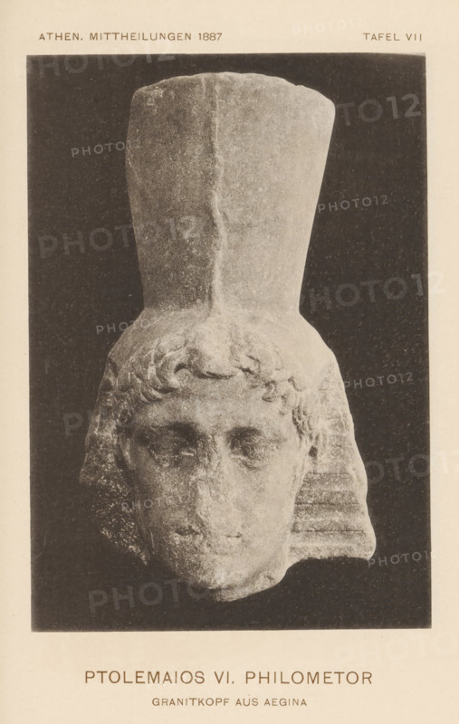 Ptolemy VI. Philometor - Ganitkopf aus Aegina, Granite head of Ptolemy VI Philometor from Aegina, page, photomechanical print, inscription: 'Athen Mittheilungen 1887 Tafel VII', c. 1881 - in or before 1886, paper, collotype, photoprint, height 158 mm x width 110 mm, Print two pages after page 211., Person, Ptolemy VI Philometor (pharaoh of Egypt), sculpture, head (human), A photographic reproduction of a weathered stone head wearing a tall, cylindrical headdress, shown against a dark rectangular background with a light border, the sculpture's facial features and stylized hair visible and the lower portion of the headdress meeting the top of the head.