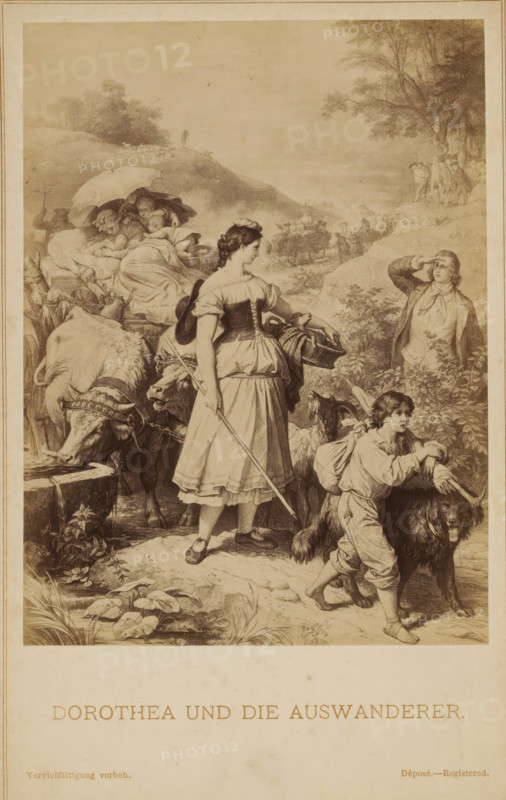 Photo reproduction of a scene from Goethe's Herman and Dorothea, Dorothea und die auswanderer, photograph, reproduction, page, Part of a cover with 21 plates., inscription: 'Kaulbach's Goethe-Gallerie Nr. 6', inscription: 'Vervielfältigung vorbeh. Déposé - Registered., Verlagsanstalt für Kunst und Wissenschaft formals Friedrich Bruckmann in Munich.', annotation: '24.12.94', name: 'Friedrich Bruckmann's Verlag, Munich', after design by Wilhelm von Kaulbach, c. 1880 - c. 1885, Wilhelm von Kaulbach, photographer, after design by, paper, albumen print, albumendruk, height 125 mm x width 95 mm, adult man, literary characters and objects, painting, drawing and the graphic arts, A sepia-toned illustration shows a young woman in a dress standing on a rocky path, holding a long staff and a basket, her hair tied back and a hat hanging on her back; beside her, a barefoot boy leans on a large dog while looking ahead, and a goat stands nearby. To the left, a pair of oxen drink from a stone trough w...