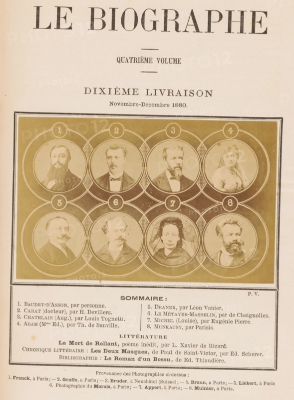 Composite group portrait of eight celebrities, photograph, page, montage photo, number: '1, 8', inscription: 'Sommaire:, Ed. Thiaudière', photographer: François Marie Louis Franck, Paris, photographer: Emile Graffe, photographer: Bruder, Neuchâtel, photographer: Braun, photographer: Alphonse-Justin Liébert, photographer: Marais, photographer: Mulnier, c. 1875 - in or before 1880, paper, albumen print, height 82 mm x width 130 mm, Person, Louise Michel, Mihály Munkácsy, Juliette Adam, Auguste Chatelain, dr. Carat, Léon-Philippe Métayer-Masselin, Draner, Léon-Armand de Baudry d' Asson, historical persons not known by name, A sepia-toned page showing a large rectangular panel with a grid of circular portrait medallions framed by decorative rings, each medallion containing a head-and-shoulders photograph of a person dressed in period clothing; the portraits include men with various facial hair styles and a woman wearing a dress and jewelry, all set against a plain background inside the cir...