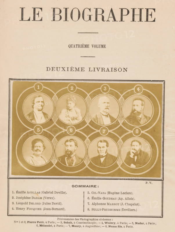 Composite group portrait of eight celebrities, photograph, page, montage photo, inscription: 'Sommaire:, (Devillers)', number: '1, 8', photographer: Pascal Sébah, Istanbul, photographer: Walery, Paris, photographer: Pierre Petit, photographer: Achille Mélandri, photographer: Jules Pierre Maury, Angoulême, photographer: Blanc Fils, Numa, c. 1875 - in or before 1880, paper, albumen print, height 82 mm x width 130 mm, Person, Joséphine Daram, Gil Naza, Émile Acollas, Henry Fouquier, Alphonse Marrot, Léopold Delord, Émile Goudeau, Sully Prudhomme, historical persons not known by name, A sepia-toned page showing a large decorative header across the top and a rectangular framed panel below containing a grid of round portrait medallions with photographic head-and-shoulder images of various people, each portrait set within circular borders and connected by ornamental circular patterns, the portraits featuring men and women in period clothing and facial hair styles, some wearing jackets and col...