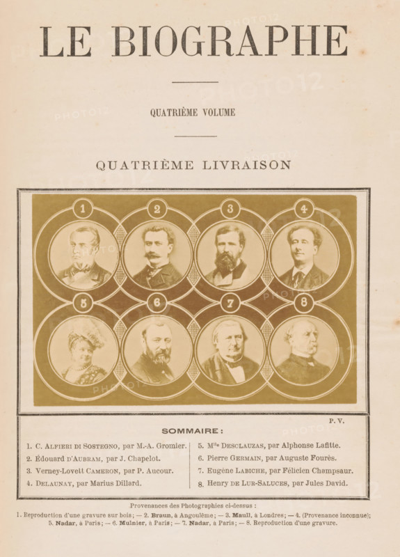 Composite group portrait of eight celebrities, photograph, page, montage photo, inscription: 'Sommaire:, Jules David', number: '1, 8', photographer: Adolphe Braun & Cie., Angoulême, photographer: Maull & Co, London, photographer: Félix Nadar, Paris, photographer: Ferdinand Mulnier, c. 1875 - in or before 1880, paper, albumen print, height 82 mm x width 130 mm, Person, Verney Lovett Cameron, Marie Desclauzas, Eugène Labiche, Louis-Arsène Delaunay, Édouard d'Aubram, Henri de Lur-Saluces, Pierre Germain, Carlo Alfieri di Sostegno, historical persons not known by name, The image shows the top portion of a printed page with a large title centered at the top and a subtitle beneath it, followed by a framed grid of circular portrait illustrations arranged in a rectangular decorative panel; each circular portrait is set within a patterned border and some circles contain small round markers at their tops. The portraits depict head-and-shoulder views of individuals in period clothing and hairstyl...