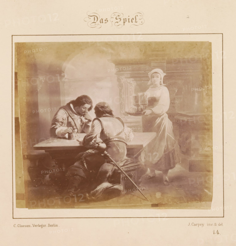 Photographic reproduction of a design of two men playing a dice game by J. Carpey, Das Spiel, photograph, reproduction, page, number: '14.', after design by J. Carpey, publisher: Ch. Claesen Éditeur, Berlin, c. 1853 - in or before c. 1858, photographer, paper, albumen print, height 119 mm x width 142 mm, adult man, dice-games, A faded sepia illustration shows three men seated around a table in period clothing and armor, two leaning toward the tabletop while one rests his head on his hand, a fallen helmet with a plume and a long sword lie on the floor nearby, and a woman in a plain dress and bonnet stands to the side holding a tray with two covered vessels, all set against a backdrop featuring an ornate fireplace and carved wooden furniture within a bordered page.