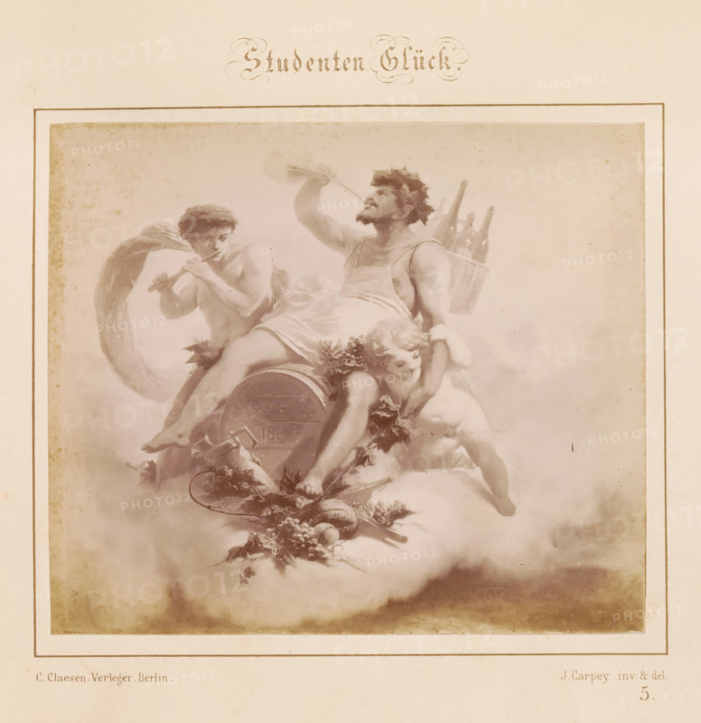Photographic reproduction of a design of two men and a putti on a wine barrel by J. Carpey, Studenten Glück, photograph, reproduction, page, number: '5.', after design by J. Carpey, publisher: Ch. Claesen Éditeur, Berlin, c. 1853 - in or before c. 1858, photographer, paper, albumen print, height 122 mm x width 142 mm, cupids: 'amores', 'amoretti', 'putti', adult man, wine, alcoholic drinks, A faded sepia illustration shows three partially clothed figures reclining on a rounded surface and surrounded by soft cloudlike forms, one figure wearing a wreath and raising an arm with a bottle while a basket with tall bottles is behind him, another figure near him plays a flute and has winglike shapes behind the shoulders, and a smaller cherubic figure leans against the central figure near a cluster of grapes and foliage that trail downward over the rounded surface.